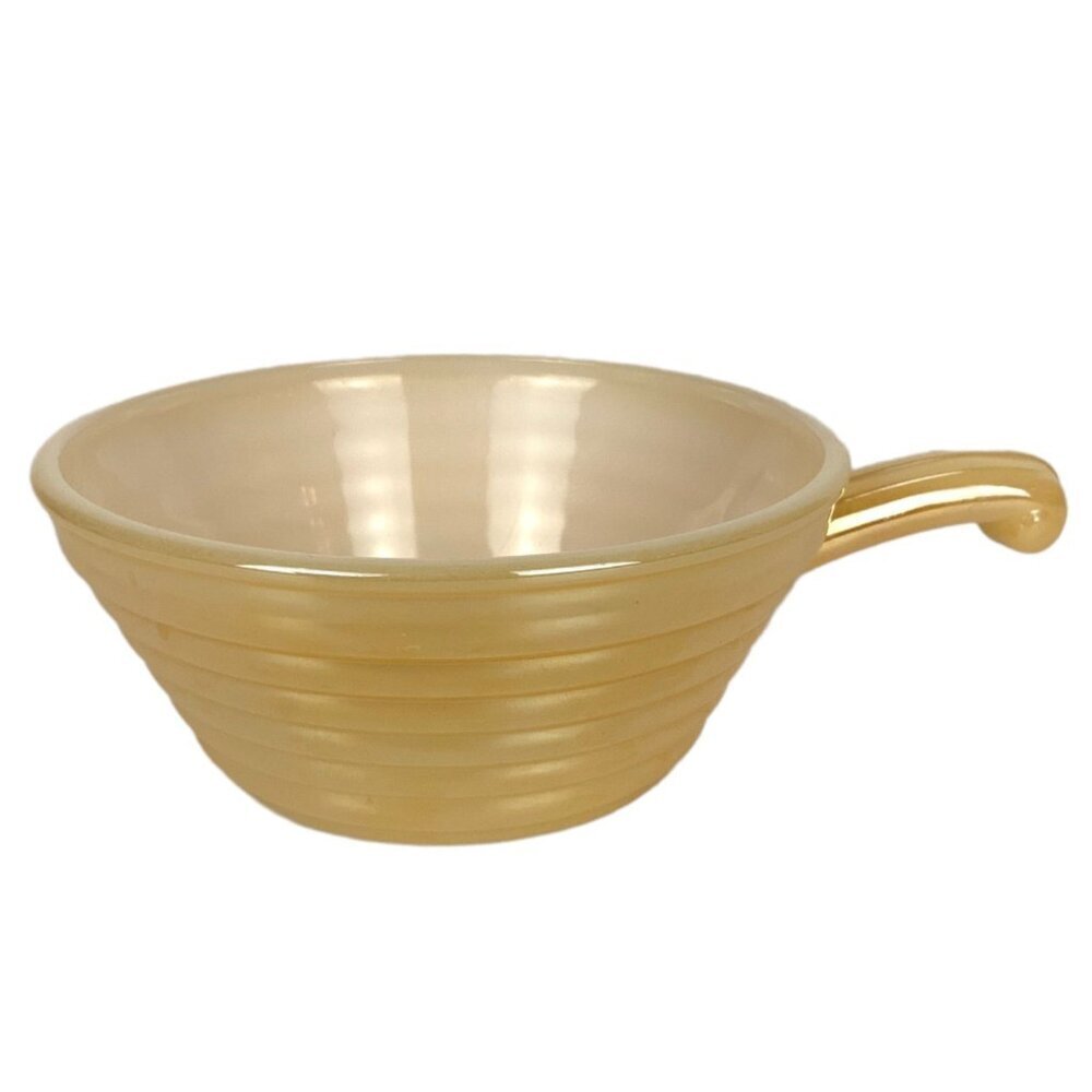 Fire King Vintage Ribbed Peach Luster Handled Soup Bowl Beehive Design